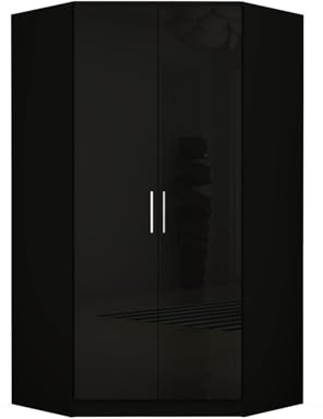 URBAN FURNISHING High Gloss Corner Wardrobe with Clothing Rail and Shelves – 2 Door Spacious Wardrobes for Bedroom | Modern Bedroom Wardrobes for Clothes, Shoes & Toy Storage (Black)