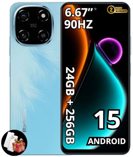 Blackview Color 6 | Smartphone Android 15 | 6,67 HD+ IPS 90Hz | 24GB RAM + 256GB (espandibile fino a 2TB) | 50MP + 13MP | Batteria 5000mAh | Dual SIM | LTE | 2 anni di garanzia | Blu Celeste