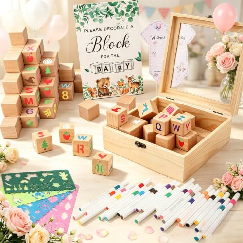278 Stück Babyparty Spiele Set inkl. 24 Acrylstiften, 200+ Schablonen(8 Exemplare), 52 Holzwürfel Bemalen, Holzschild & Holzbox - Kreatives DIY Baby Shower Spiel - Für Gender Reveal & Baby Shower