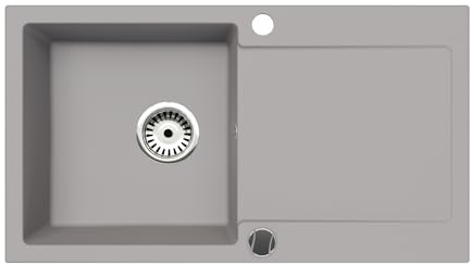 Faizee Home | Element Granitspüle 90 x 50 cm Grau– Einbauspüle aus Granit mit Abtropffläche | Reversibel montierbar | Ohne Armatur | Inkl. Siphon-Set