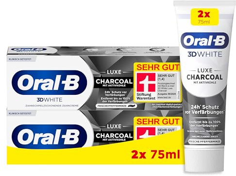 Oral-B 3D White Luxe Charcoal Whitening Zahnpasta, mit Aktivkohle, Entfernt bis zu 100% der Oberflächenverfärbungen, Frische Pfefferminze, 2x 75ml