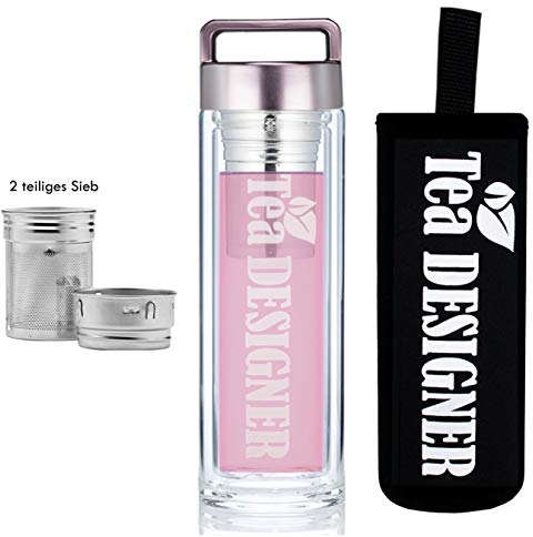 TEA TO GO Rose Teekanne BPA frei Edelstahl-Sieb Tee-Flasche Trinkflasche aus Glas to go, Teebereiter Set+Metallic Deckel +Schutzhülle,Thermobecher, Thermosflasche,Glasflasche,doppelwandig