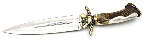 ELECTROPOLIS Cuchillo de Lujo Muela Cervus CERVUS-26L, empuñadura en asta de Ciervo, Guarda en latón Fundido, Acabado a Mano + Tarjeta Multiusos de Regalo