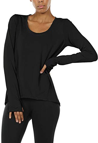 icyzone Damen Laufshirt Langarm Sport Shirt Atmungsaktive Langarmshirt Fitness Top Oberteil mit Daumenloch (XL, Schwarz)