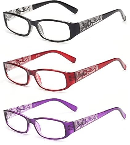 JM Reading Glasses with Spring Hinge 3 Pack Women, Lightweight Quality Vintage Readers Colorful Rectangular Glasses for Ladies +4.0 Magnifying