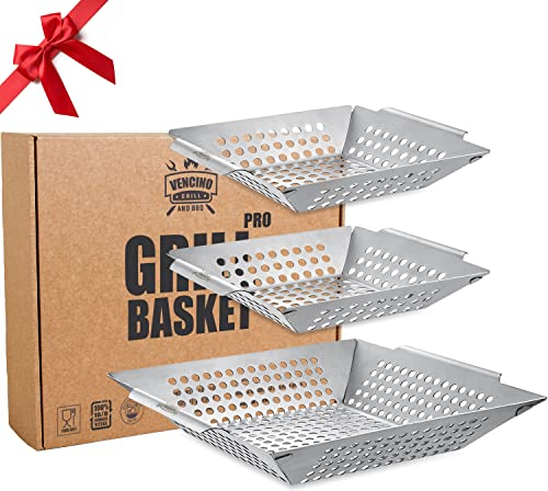 3er-Pack Grillkorb-Set - Grillkörbe für Outdoor-Grill, Heavy Duty grillschale edelstahl grill gemüseschale , grillpfanne für Veggie & Kabob, grillschalen für gasgrill & Smoker