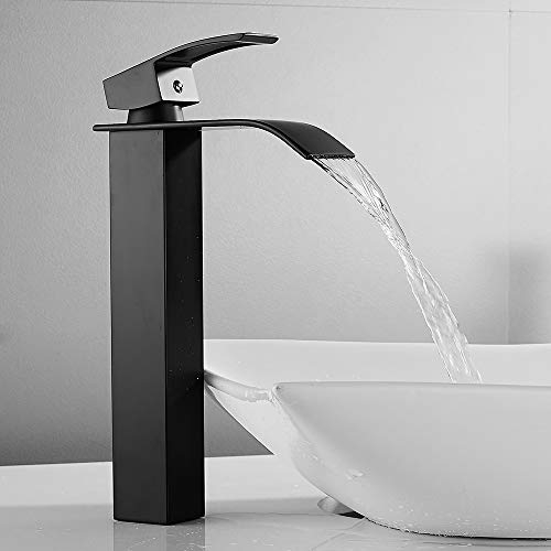 Rubinetto da Bagno per Lavandino a Cascata Miscelatore per Lavabo Rubinetto Alto da Appoggio Moderno in Ottone (Nero Opaco)