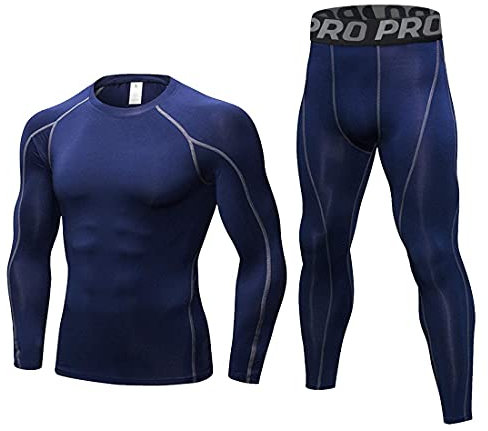 LANBAOSI Men's Gym Running Base Layer Top and Leggings Set Long Sleeve Compression Shirt Tights Thermal Underwear Suit, Navy Blue, L
