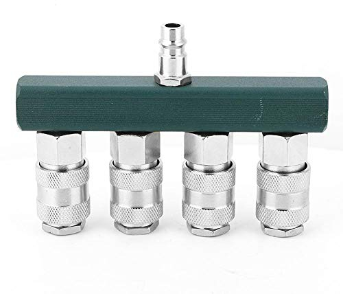 4-Way Air Hose Splitter, T-Style 5 Port Quick Connect Manifold, 1/4 Male NPT Plug Air Compressor Splitter Universal Coupler, Iron Galvanized Pneumatic Fitting Adapter