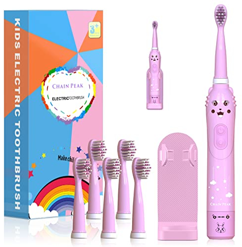 Kinder Sonic Elektrische Zahnbürste, Wiederaufladbare Smart Zahnbürste für Kinder Autobrush für Kleinkinder Jungen Mädchen Alter 3-12 mit 30s Erinnerung, 2 Min. Timer, 6 Modi, 6 Bürstenköpfe