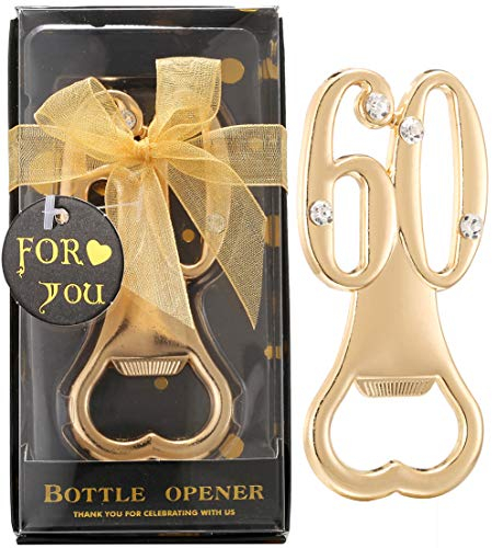 Set of 24 Creative Bottle Openers for 60th Birthday Party Favors or 60th Wedding Anniversary Party Gifts Black and Gold Themed 60 Birthday Party Favors Souvenirs Decorations for Guests (24, Gold 60)