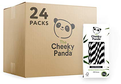 The Cheeky Panda – Bamboo Black Stripes Paper Straws | Bulk Box of 24 Packs (250 Straws per Pack, 6000 Straws Total) | 100% Biodegradable, Plastic-Free, Eco-Friendly, Strong & Sustainable