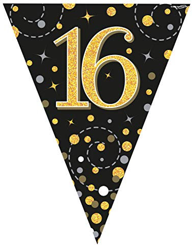 16th Birthday Black And Gold Birthday Party Flag Banner Bunting Age 16