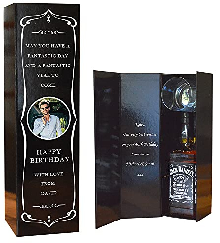 Personalised Whiskey Bottle Gift Set Engraved Photo in Box with Whisky Glass Tumbler Black Ornate Magnetic Inside 1 x 70 CL