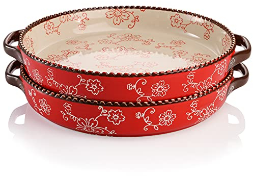 AVLA 2 Pack Ceramic Pie Pan, 23 cm Round Baking Dish with Double Handle, 28 Ounce Deep Quiche Plate for Kitchen, Cooking, Roasting Lasagna (Sakura, Red)