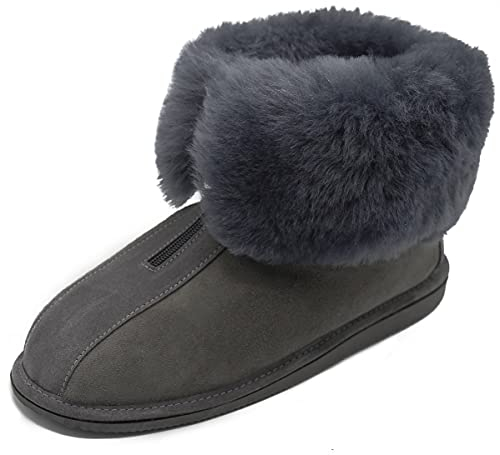 Hollert Damen & Herren Lammfell Hausschuhe Alaska Grau Hüttenschuhe Fellschuhe mit Reißverschluss 100% Merino Schaffell für Wohlgefühl - warm, atmungsaktiv Schuhgröße 46