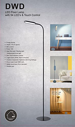 AuraHome DWD® 54 Energy Saving LED Super Bright SMD Floor Standing Lamp with Touch Function 3 Light Modes Reading I Work Lamp I Flexible Neck I Touch Sensitive Controls Power 10w (Rose Gold)