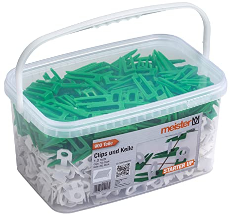 Meister Nivelliersystem Starter für Fliesen 900-teilig - 1,0 mm Laschenstärke - Fliesendicke 7-15 mm - 700 Clips & 200 Abstandshalter / Fliesen-Nivellierhilfe / Verlegehilfe mit Keilen / 4427700