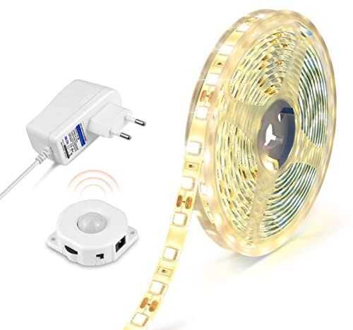 AIMENGTE LED Streifen mit Bewegungsmelder,Wasserdichte IP65 LED Leiste SMD5050 LED Strip Bänder Beleuchtung Perfekt für Küche, unter Schrank (Warmweiß, 3M)
