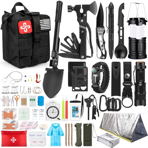 Kit de supervivencia, 250 pzas. de kit de supervivencia para primeros auxilios con sistema Molle, bolsa compatible y carpa de emergencia, kit de emergencia para terremotos, aventuras al aire libre