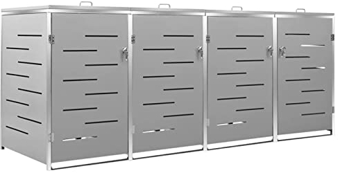 Tidyard Quadruple Wheelie Bin Storage Shed, Garbage Cover Trash Storage Shed, Outdoor Garden Patio Waste Dustbin Hider - 276.5x77.5x115.5 cm, Stainless Steel