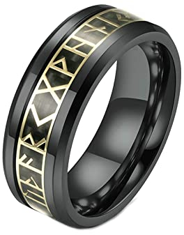 Ayoiow Freundschaftsring Gravur, Wolfram Ringe Partner Bands Ring mit Karbonfaser Runen und Abgeschrägten Kanten Schwarz Größe 65 (20.7)