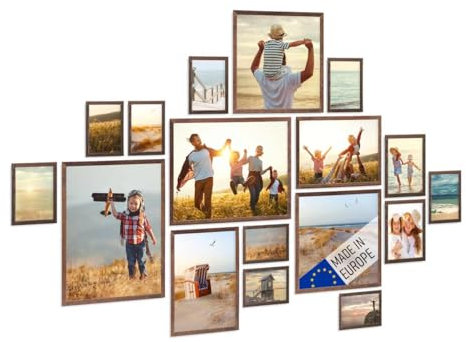 PHOTOLINI Bilderrahmen-Set Eiche Dunkel, Holzbilderrahmen Made in EU, 17er Rahmenset, 10x15 bis 30x40 cm, bruchsicheres Acrylglas, zum Aufhängen, extra Zubehör - für Ihre liebsten Fotos & Bilder