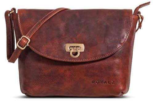ROYALZ 'Tulsa ' Damen Handtasche Klein Leder Vintage Look Ledertasche Umhängetasche zum Ausgehen, Farbe:Roma Cognac Braun