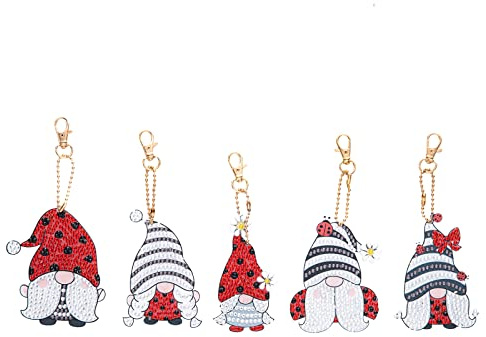 MWOOT 5 Stücke 5D DIY Zwerg Diamant Malerei Schlüsselbund,Doppelseitig Gnome Diamond Art Painting Key Chain Paint by Numbers,Strass Malerei Schlüsselring für Souvenir Geschenke Reisegepäck Dekoration