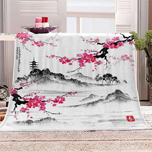 Japanische Kirschblüten Kuscheldecke 150x200 cm Flanell Decke Extra Weich Flauschige Wohndecke Tuschemalerei mit Muster Blanket Fleecedecke Waschbar Microfaser Sofadecke Couchdecke bettüberwurf