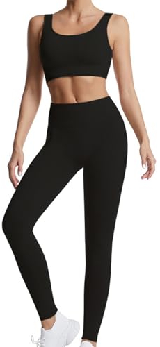 dohomiryo Damen Sportanzüge Jogginganzug Sport Sets 2 Teilig Workout Outfit Set Sport Crop Top+Hohe Taille Yoga Leggings Yoga Outfit Freizeitanzug Sportswear Schwarz L