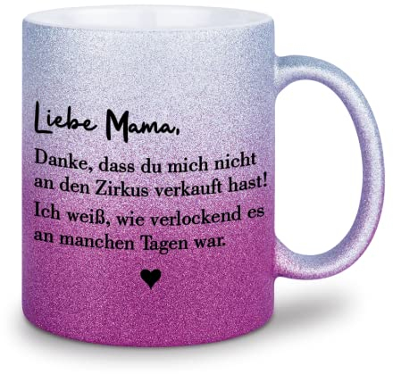 glitzertassen.de® | Alles liebe zum Muttertag! Von deiner finanziellen Belastung | Tasse mit Glitzer | Geschenkidee | Muttertag | Lustige Sprüche | Mama | Keramik | 330 ml | Silberviolett