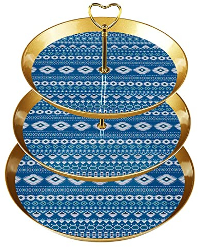 Tortenständer-Set, 3 Etagen, Cupcake-Ständer, wiederverwendbar, Gebäckplatte für Hochzeit, Geburtstag, Teeparty, Dekorationen, Indisches Stammes Streifen Weinlese Türkis Blau