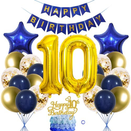 SNOWZAN 10 Geburtstag Deko Junge Mädchen Ballon Deko 10. Geburtstagsdeko Junge Marinebla Gold Geburtstag Tortendeko 10. Geburtstag Deko Luftballon 10.geburtstag Happy Birthday Banner Für Party