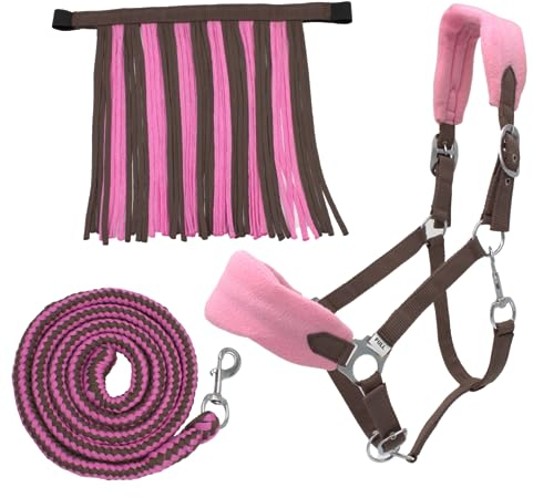 PFIFF 103103 Halfter-Set „Sunny“, 3-teiliges Set aus Halfter, Strick und Fliegenfransen, individuell anpassbar, Braun-Pink, Full