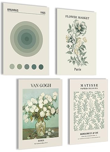 mojoliving Moderne Bilder Blumen Poster Set | Bilder Grün | Bilder Schlafzimmer | Matisse Poster Set | Flower Market Poster Wanddeko grün | 4x A4 ohne Rahmen