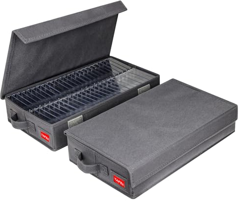 NUSWOR Upgrades Kassetten-Aufbewahrungsbox – Staubdichte Kassettenregale mit Deckel – Audio-Kassettenhalter 2 Stück – Hält 96 Kassettenhüllen – 16,34 x 9,25 x 3,4 Zoll – Grau
