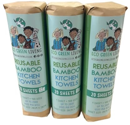 Reusable Paper/Bamboo Towels for Kitchen - Up to 100 Uses Per Cloth - Quality Household Essentials/Household Supplies - Kitchen Paper Towel Roll with 3 Rolls (60 Bamboo Sheets - 28cm x 28cm)