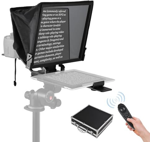 Jemora Tragbarer Teleprompter 14-Zoll-Universal-Prompter mit Zwei Kaltschuhungen und 1/4-Zoll-Gewindeloch mit Fernbedienung und Tragetasche, kompatibel mit Smartphone/Tablet/DSLR-Kamera für