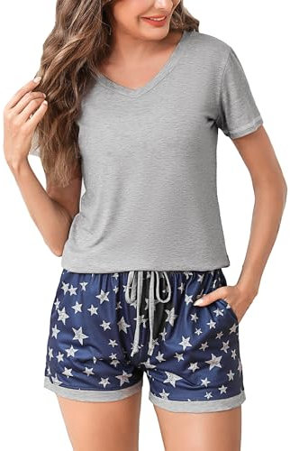 Litherday Schlafanzug Damen Kurzarm Sommer Shorty Pyjama Set aus Baumwolle Zweiteilig mit Karierten Shorts V-Ausschnitt Elastischer Bund & Loungewear,Grau+Stern,L