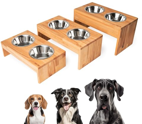MA-NU Futterstation für Hunde mit Zwei Näpfen aus Edelstahl (1,5 L) und einem Echtholz-Napfständer (Massives Buchenholz, geölt) (L)