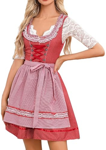 Zeagoo Dirndl - Robe midi élégante pour femme - 2 pièces - Costume traditionnel allemand - Fête de la bière - Avec tablier, Motif à pois rouge, XL