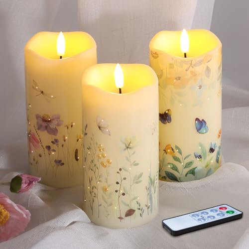 Eywamage Schmetterlings Blumen Faser Optik Flammenlose Kerzen mit Fernbedienung, Flackernde Batteriebetriebene LED-Pillarkerzen Satz von 3