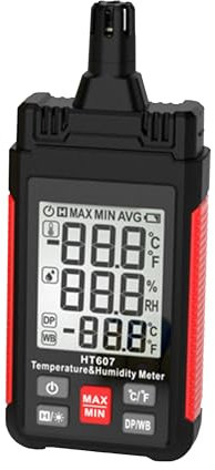 Meichoon Medidor de temperatura y humedad con pantalla C/F, termómetro industrial, múltiples unidades de medida con punto de rocío, bombilla húmeda, pantalla iluminada en negro PE50