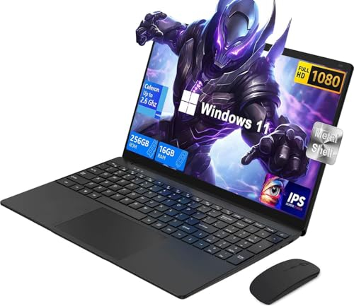 Ordenador Portatil Win 11 Pro, 16 GB DDR4 + 256 GB SSD / TF 1 TB, Celeron N4000, 1920 x 1080 FHD IPS, Portátil Gaming mit UHD Graphics 600, HDMI, Webcam, 5G WiFi, Bluetooth 5, Ratón Inalámbrico, Negro