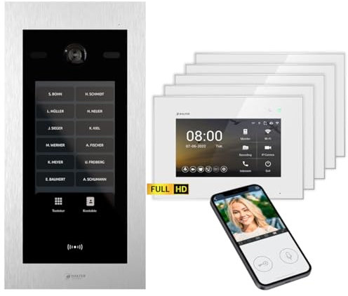 BALTER EVO HD Touch 7 Silber/Weiß Video Türsprechanlage mit RFID/Codemodul Set für bis zu 1000 Teilnehmer (1x Türstation mit Full HD-Kamera, 1x7 Zoll + 4x7 Zoll WiFi Monitor, 2-Draht, 175° Weitwinkel)