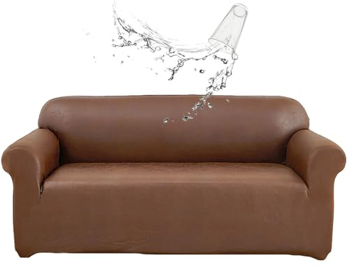 CLGTY Wasserdicht Sofa überzug 3 Sitzer, PU Leder Sofabezug 1 Stück Couch überzug Mit Elastischem Boden Waschbar Sofahusse Für Katze Hund-Kaffee-3 Sitzer