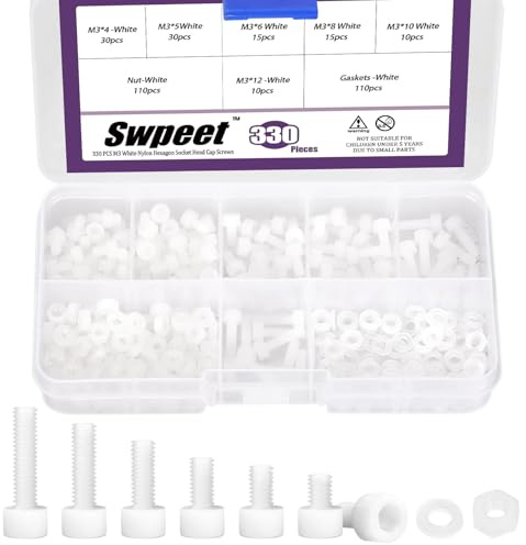 Swpeet 330Pcs M3 6 Größen weiße Nylon Sechseck Socket Schraubenmutter mit Scheiben Sortiment Kit, Kunststoff Hex Socket Kopf Cap Schrauben Schraubenmutter, Vollgewinde Hex Knurled Kunststoff Schrauben