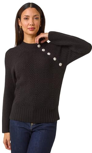 Roman Textured Buttoned Neck Knit Jumper for Women UK - Ladies Autumn Everyday Winter Holiday Long Sleeve Soft Warm Feel Comfy Top Office Desk Sweaters - Black - Size 14