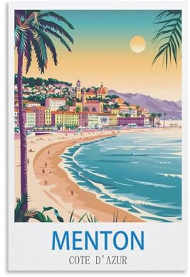 LNMNJESG Menton Côte D'azur Vintage-Reiseposter, 30 x 45 cm, Leinwandbild, Wandkunst, Wanddekoration, Bilder für Wohnzimmer, Schlafzimmer